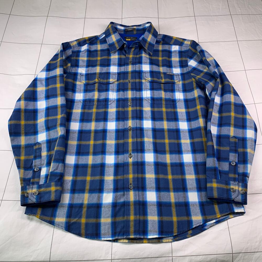Eddie Bauer Shirt Mens Large Blue Yellow Plaid Classic Fit Button Up Long Sleeve